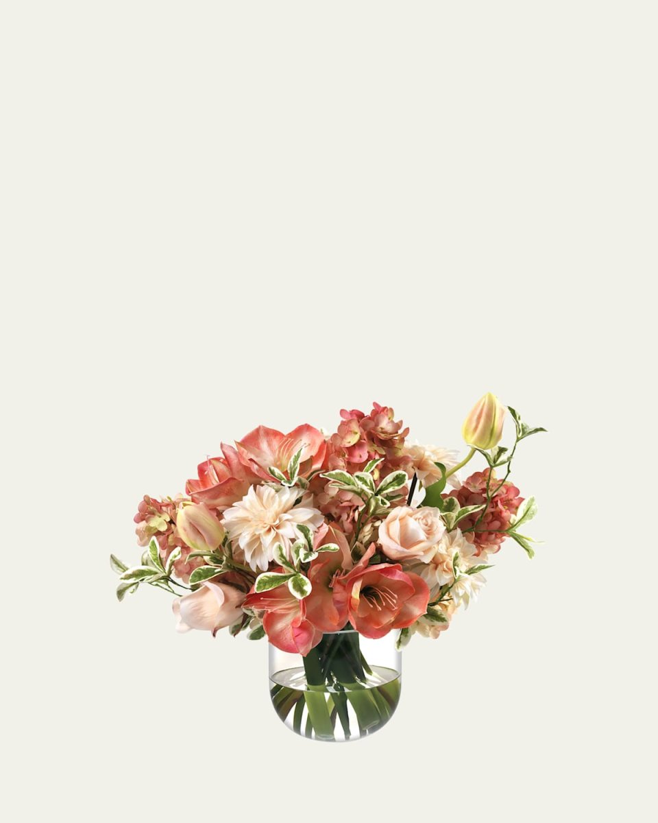 Salmon Amaryllis and Hydrangeas 17" Faux Floral Arrangement in Glass Vase